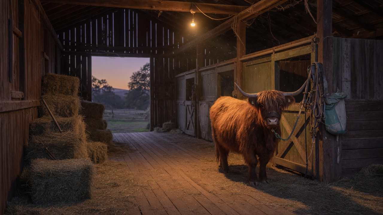 Barn aisle at dusk